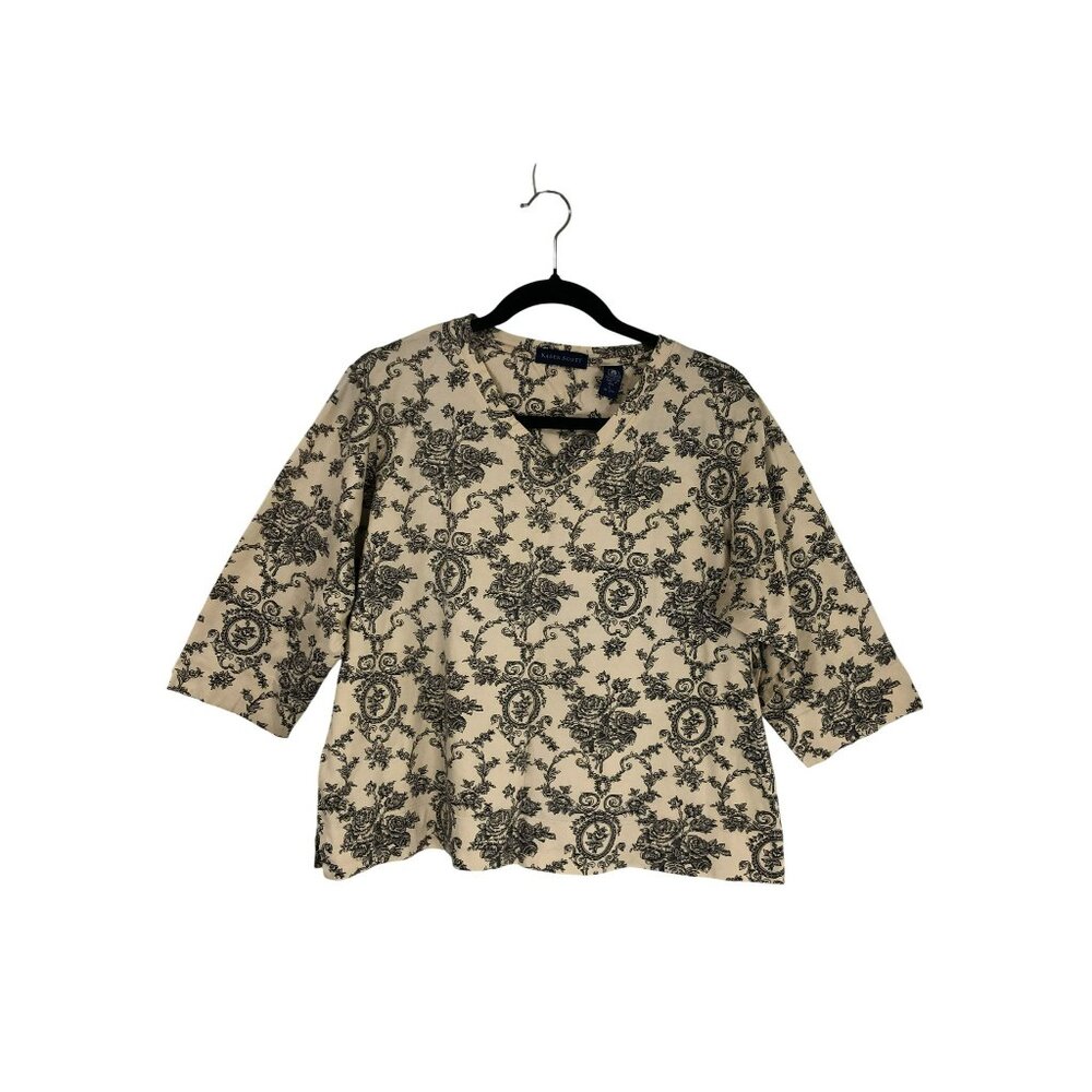 Karen Scott Blouse Size L Womens Floral Black & Cream